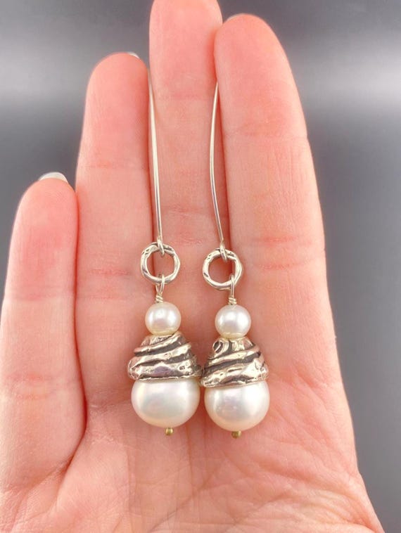 Vintage Sterling Silver Pearl Dangle Earrings - image 1