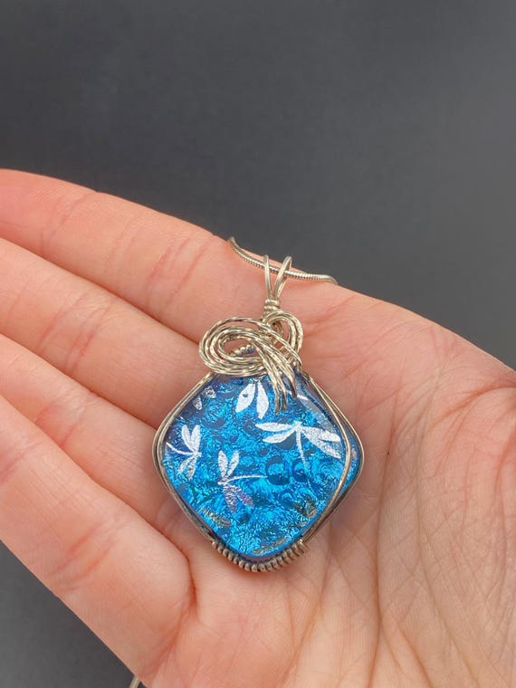 Vintage Blue Dragonfly Dichroic Glass Sterling Silver Wire Wrapped