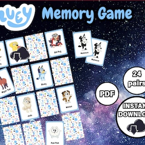 ARCHIVO DIGITAL . Juego de tarjetas de memoria Bluey imprimible, juego de combinación, actividades de combinación, tarjetas flash Bluey, tema de cumpleaños Bluey