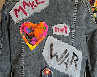 Art Jean Jacket Up cycled vintage 1960s 1970s trim Make Art not War festival boho denim sz XL