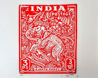 India - Ajanta Panel Stamp - Linocut Print