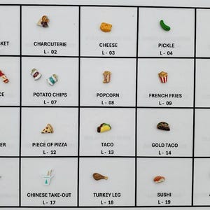 May include: A collection of miniature food charms, including a picnic basket, charcuterie, cheese, pickle, hot pepper, hot sauce, potato chips, popcorn, french fries, hot dog, hamburger, pizza slice, taco, gold taco, burrito, pho, Chinese take-out, turkey leg, sushi, and avocado.