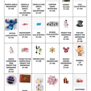 May include: A grid of twenty-four small decorative charms featuring various Disney characters and icons, including Maleficent, Cruella Deville, Stitch, Frosty the Snowman, a gold snowflake, a peppermint Mickey Mouse head, and a house with balloons.