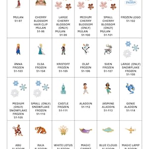 May include: A grid of small decorative charms featuring characters and icons from Mulan, Frozen, and Aladdin. Each cell contains a specific item, such as Mulan, cherry blossoms, Elsa, Olaf, snowflakes, Aladdin, Genie, and a magic lamp, with labels.