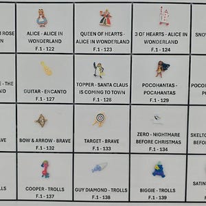 May include: A grid of small, colorful charms with various designs. The charms include characters from Disney movies like Alice in Wonderland, Pocahontas, and Trolls. Each charm has a corresponding text label, such as "Cherry Blossom Rose" and "Gold Periscope".