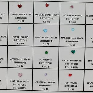 May include: A grid of birthstone options, each labeled with the month and shape. The gemstones are in various colors, including red, green, blue, and clear. The text includes "January," "February," "March," "April," "May," "June," and "July."