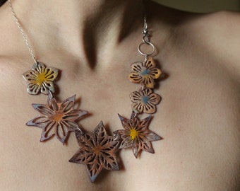 Multi Flower Enamel Necklace - OOAK - Reversible Bib Necklace