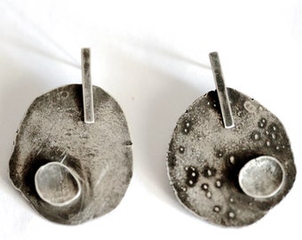 Recycled Sterling Silver Organic Shape Post Earrings with texture and small concave circle