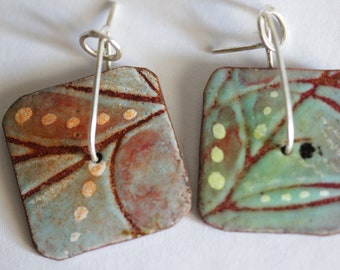 Square Enamel Earrings with botanical design