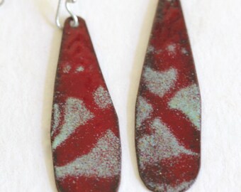 Enamel Earrings - OOAK - Red and Aqua - Lace stencil art - teardrop shape