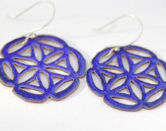 Blue Pierced Mandala Enamel Earrings - Flower of Life