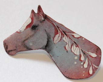 Enamel Horse Brooch Lapel pin III - OOAK - Vitreous enamel with hand painted leaf design