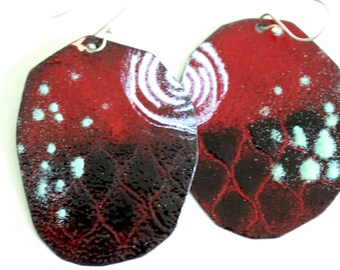 Large Enamel Earrings - OOAK - Red Aqua and Black - Stenciled