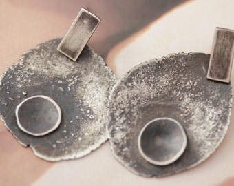 Recycled Sterling Silver Organic Shape Post Earrings with small concave circle