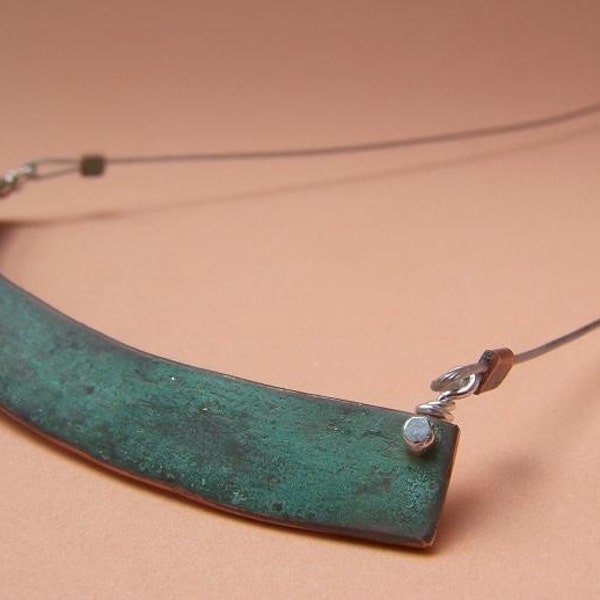 Textured Curved Copper Bar Necklace - Verdigris Patina