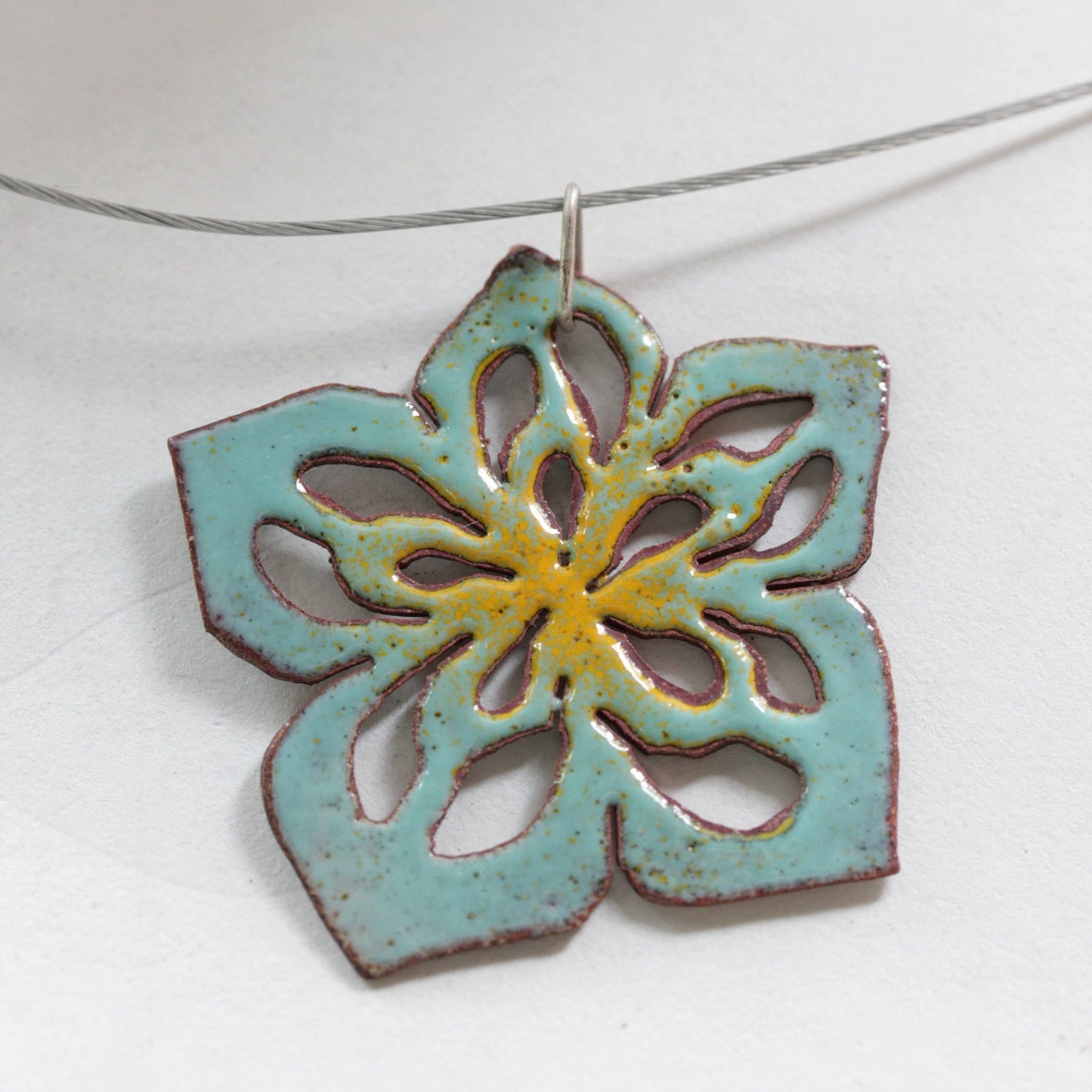 Aqua and Yellow Enamel Flower Pendant | Etsy