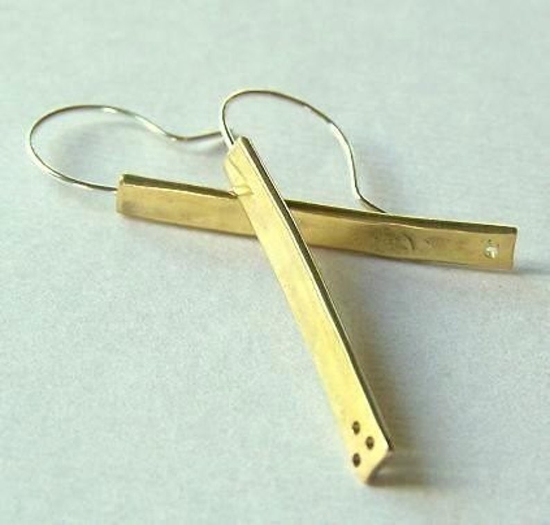 Hammered Brass bar Earrings with drilled holes image 2