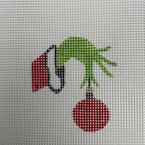 Hand painted, needlepoint canvas, 13 count, grinch ornament
