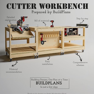 May include: A light-coloured wooden workbench labelled CUTTER WORKBENCH Prepared by BuildPlans. It features a mitre saw, a table saw, and a drill. Text includes Detailed explanation, Bill of materials, Step by step, Easy installation, Material recommendation, and Comprehensive schemes.