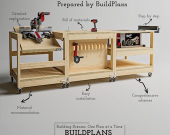 Planos para banco de trabajo con sierra ingletadora / Mesa de taller móvil con ruedas y almacenamiento / Compatible con Milwaukee y Dewalt / Plano digital de carpintería en PDF