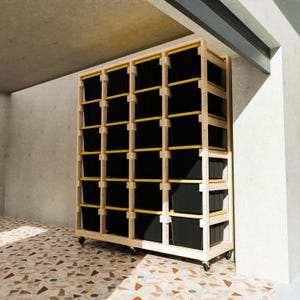 May include: A wooden storage shelf with multiple black storage bins. The shelf is on wheels and has a light wood finish.