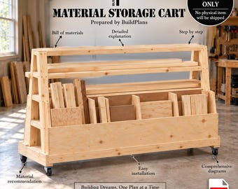 Mobile Lumber Storage Cart Plans: 8 ft Rolling Wood Rack with 5 Shelves & 5 Bins, PDF
