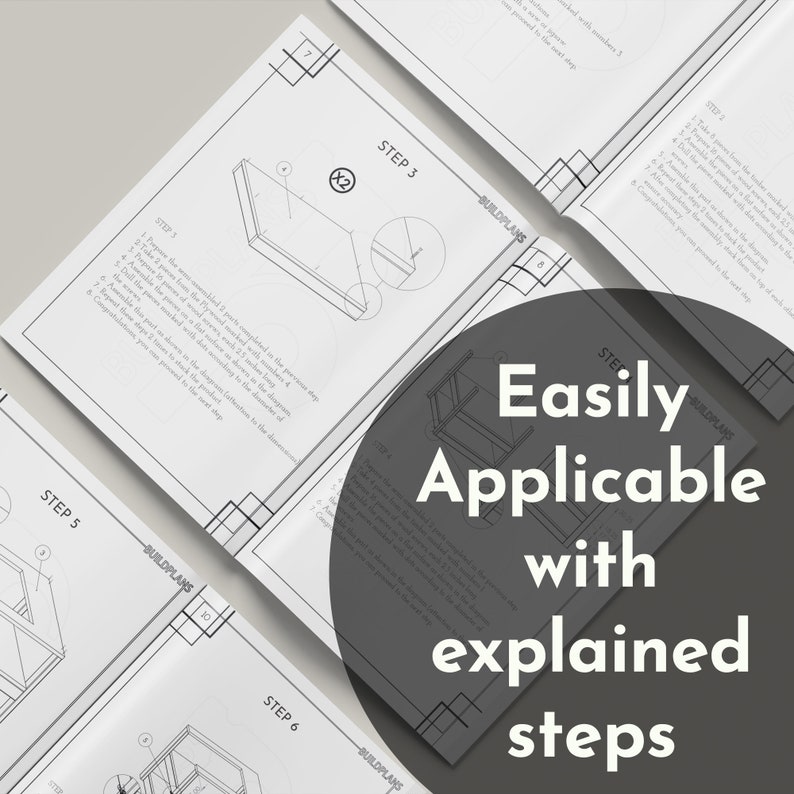 Op de afbeelding: Een set zwart-witte instructies voor het bouwen van een project. De instructies zijn gelabeld met stappen en nummers. De tekst op de pagina luidt "Gemakkelijk toepasbaar met uitgelegde stappen".