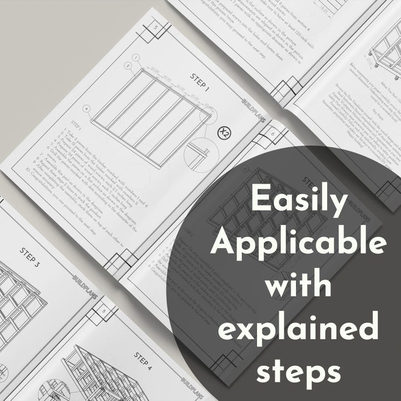 May include: Close-up of a set of building plans with step-by-step instructions for a woodworking project. The plans are labeled "BUILDPLANS" and show a detailed diagram of the project.