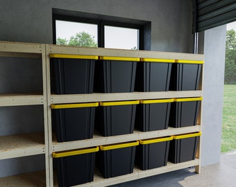 May include: A wooden shelving unit with multiple black storage bins. The shelves are made of unfinished wood and the bins have yellow lids.