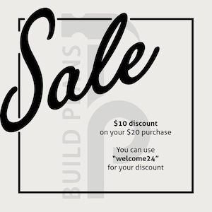 May include: A black and white image with the word "Sale" in a large, stylized font. The text "$10 discount on your $20 purchase" is below the word "Sale". The text "You can use "welcome24" for your discount" is below the discount information.