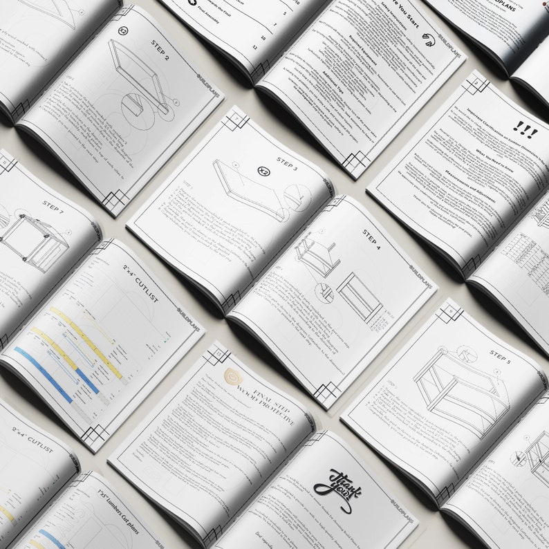 Op de afbeelding: Een set zwart-witte printbare instructies voor het bouwen van een houten plank. De instructies omvatten een snijlijst, diagrammen en stapsgewijze instructies. De instructies zijn getiteld "BUILDPLANS".