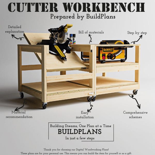 Klappbarer Tischkreissäge-Arbeitsplatz Pläne - Mobiler DIY-Werkzeugständer, Garagen-Werkbank, druckbare PDF-Holzbearbeitungspläne