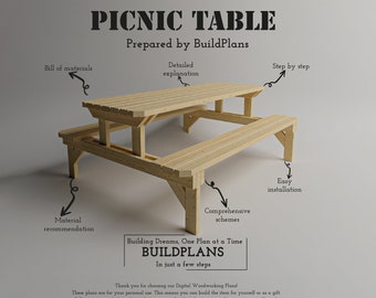 May include: A digital woodworking plan for building a picnic table. The plan includes a bill of materials, detailed instructions, and comprehensive schemes. The image shows a wooden picnic table with benches.