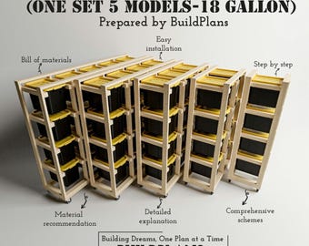May include: A set of five wooden storage shelves designed to hold 18-gallon totes. The shelves are made of natural wood and have a rustic look. The totes are black with yellow lids. The shelves are labeled "Tote Storage (One Set 5 Models - 18 Gallon)" and "Prepared by BuildPlans".