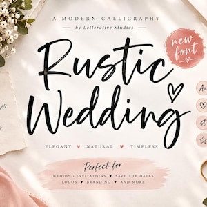 Rustykalna czcionka ślubna, nowoczesne pismo kaligraficzne, elegancka czcionka, zaproszenia ślubne DIY, pismo odręczne, projekt napisów