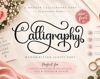 May include: A digital display of a black handwritten script font titled Calligraphy by Letterative Studios. The image features text including Because every love story deserves beautiful letters, Uppercase & Lowercase, Numbers & Punctuation, Ligatures, Multilingual Support, and Perfect for Wedding Invitations, Save the Dates, Logos, Branding, and More.