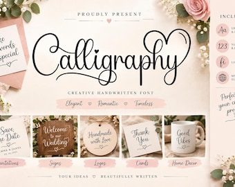 May include: A digital font display featuring the word Calligraphy in a black handwritten script style. The layout includes examples of the font on invitations, signs, logos, cards, and a mug, alongside text detailing uppercase, lowercase, and numbers.