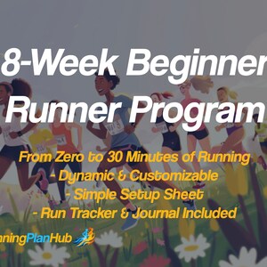 May include: An illustration of a group of people running in a field of flowers. The text reads "8-Week Beginner Runner Program" and "From Zero to 30 Minutes of Running - Dynamic & Customizable - Simple Setup Sheet - Run Tracker & Journal Included". The text "RunningPlanHub" is also included in the image.