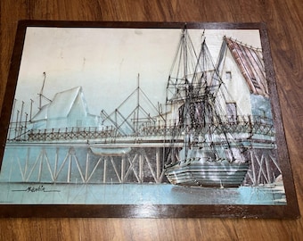Vintage 1975 MCM Mid Century Modern String Art Boat Ship Nautical Wall Art