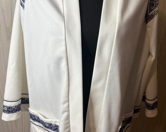 Vintage 70’s Open White & Blue Cardigan With Pockets Medium Hippie