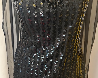 Vintage black sequin mini dress beaded vneck medium 80’s