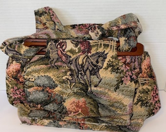 Vintage Fabric Horse purse Tapestry Style Shoulder Bag wooden handle Horse Lover