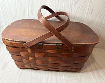 Vintage Large Wooden Double Handle Picnic Basket Double Hinged Cottage Core