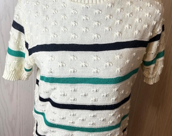 Vintage 80’s Off White Short Sleeve Medium Striped Textured Sweater Cinched Waist