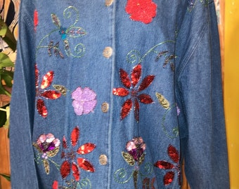 chemise boutonnée à manches longues en denim vintage 2X à fleurs et sequins