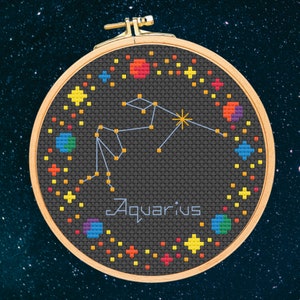 Aquarius Constellation Cross Stitch Pattern - 4 Inch Modern Cross Stitch Pattern Instant Download PDF - Astronomy Zodiac Space -Xstitch gift