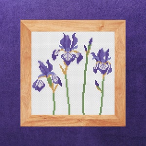 May include: A framed cross-stitch embroidery featuring three purple irises with green stems and leaves on a white background.