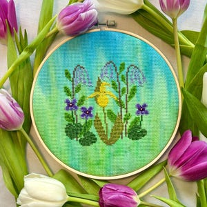 Spring Wildflower Patch Cross Stitch Pattern: Virginia Bluebell, Violet, Lady’s Slippers (PDF Pattern)
