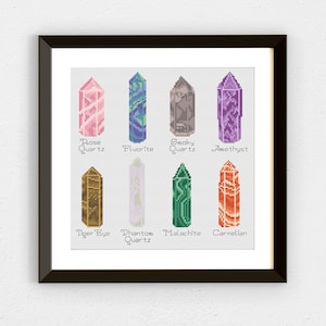 Puede incluir: Patrón de punto de cruz con ocho tipos diferentes de cristales, incluyendo Cuarzo Rosa, Fluorita, Cuarzo Ahumado, Amatista, Ojo de Tigre, Cuarzo Fantasma, Malaquita y Cornalina.