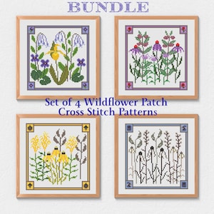 May include: Four framed cross-stitch patterns with wildflower designs. Each piece is in a wooden frame with a white background. The text "BUNDLE" and "Set of 4 Wildflower Patch Cross Stitch Patterns" are displayed above and below the images.